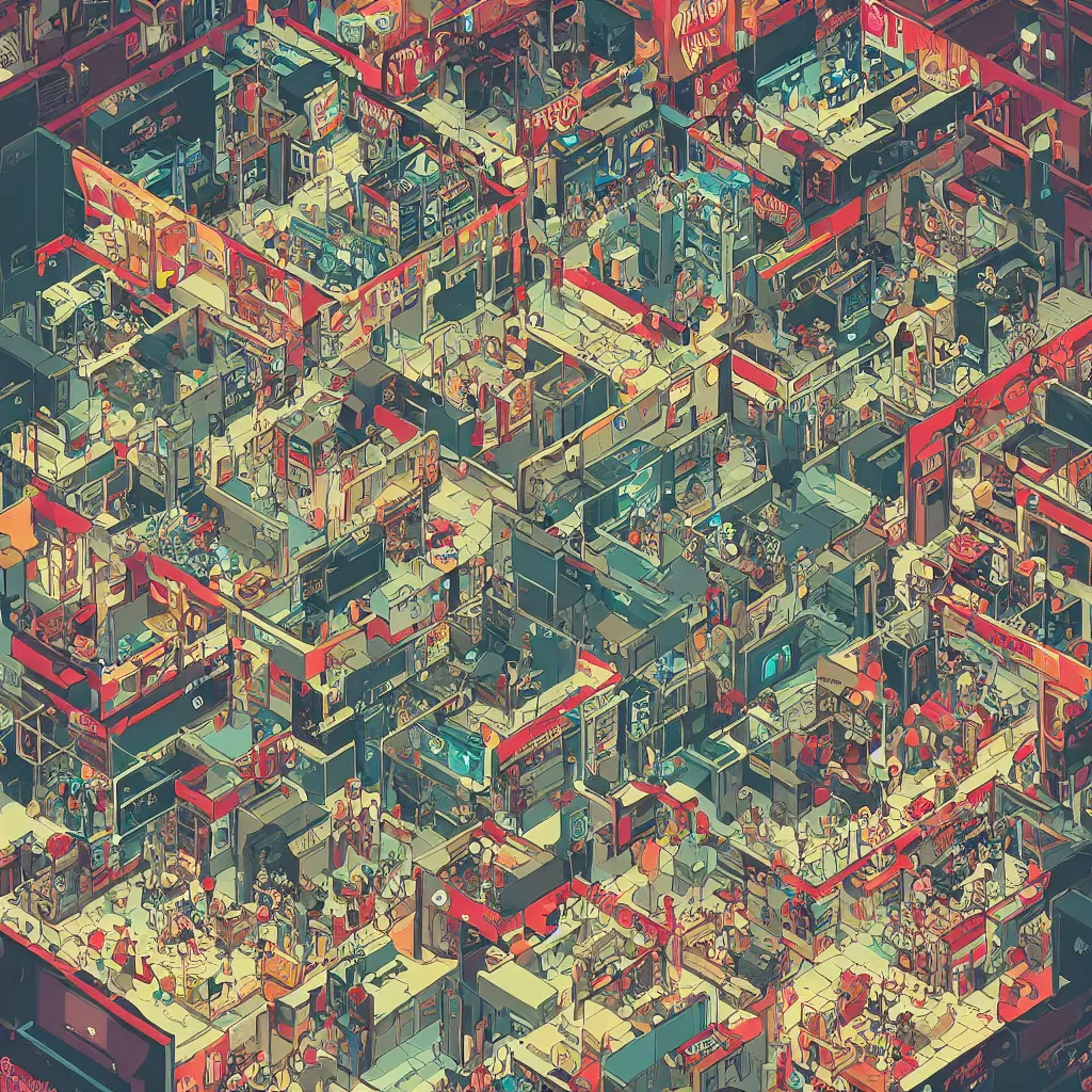 Image similar to isometric view illustration of a video games arcade, highly detailed mid day by Victo Ngai