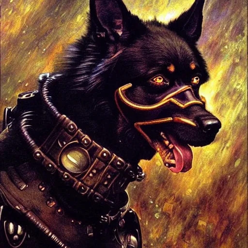 Prompt: a portrait of a black german shepard orc dogman canine neuromancer with human eyes serious looking holding computer console. shadowrun cyberpunk fantasy d & d fallout 1 9 9 8 highly detailed painting by gaston bussiere craig mullins jc leyendecker gustav klimt artgerm greg rutkowski