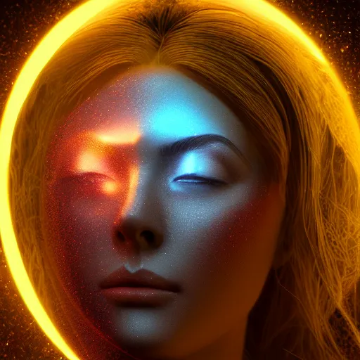 Prompt: 4 k portrait of mystical yellow moon witch glowing intricate background octane render enchanted