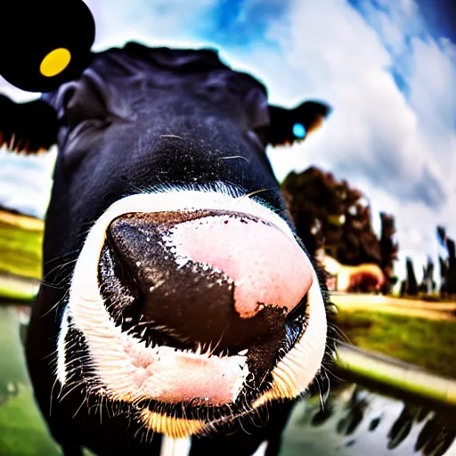 Prompt: a fisheye photo of a cow wearing a tuxedo