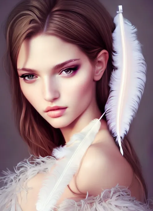 Image similar to a gorgeous female photo, professionally retouched, soft lighting, wearing a feather dress, realistic, smooth face, perfect eyes, wide angle, sharp focus on eyes, 8 k high definition, insanely detailed, intricate, elegant, art by artgerm and wlop