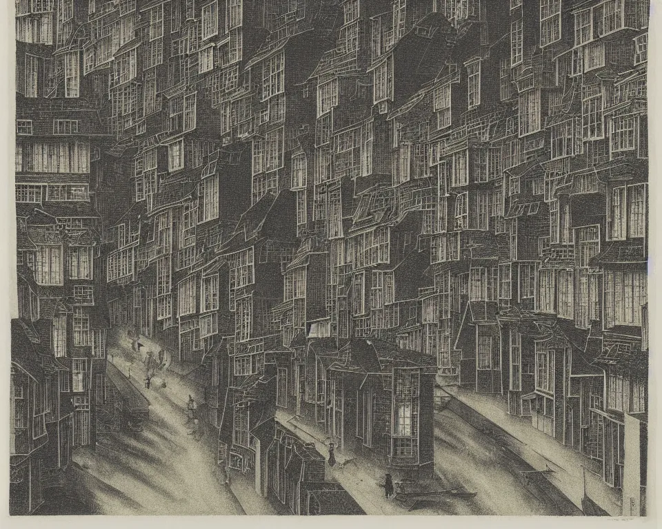 Image similar to achingly beautiful print of a street lined with townhouses bathed in moonlight by Hasui Kawase and Lyonel Feininger.