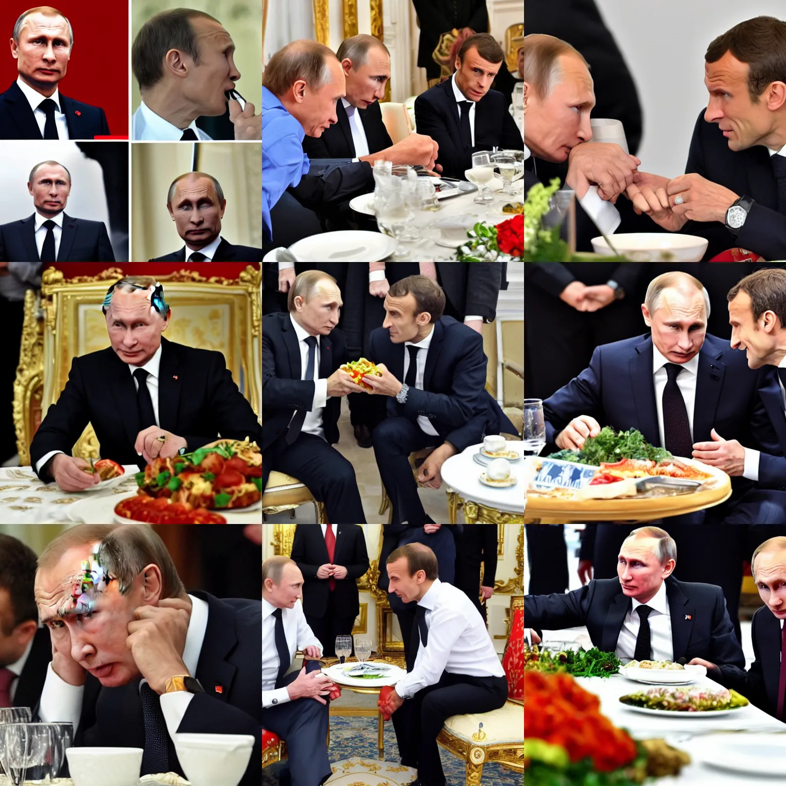 Prompt: vladimir putin eating emmanuel macron