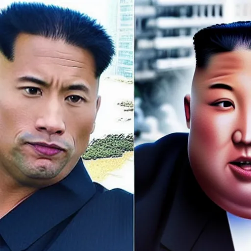 Image similar to dwayne the rock johnson and kim jong - un, selfie, phone photo,