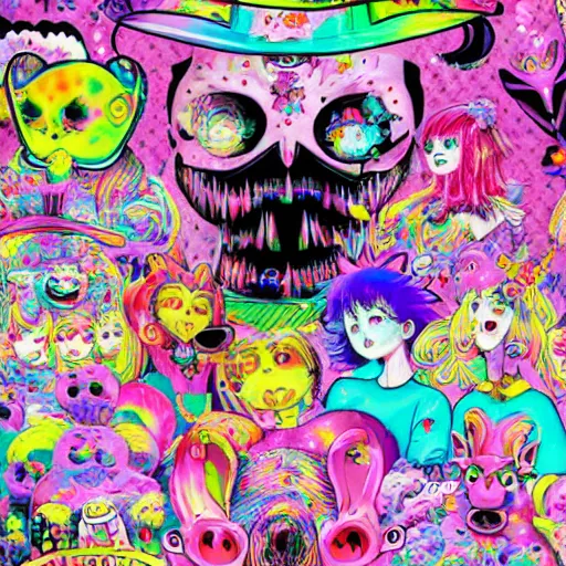 Prompt: Lisa Frank and Horror Manga collaboration