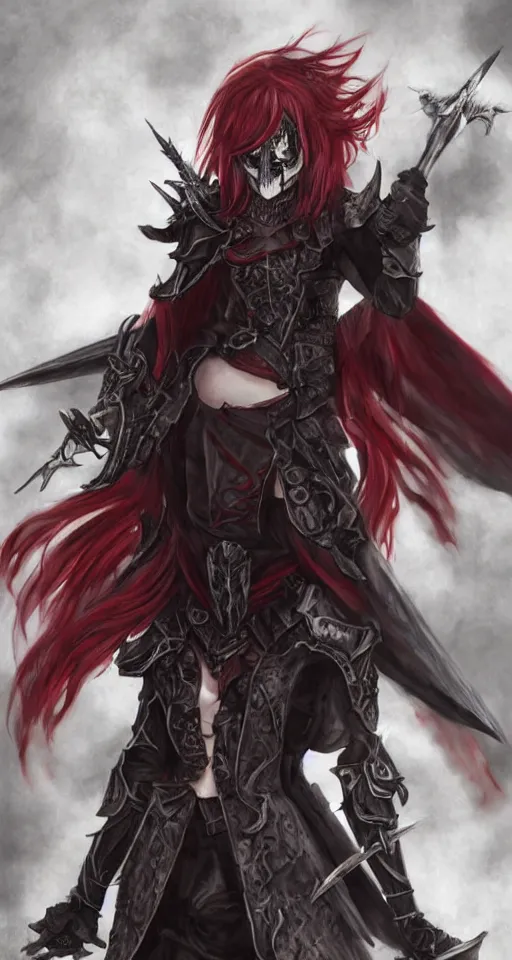 Prompt: dnd art, female vampire knight, barefoot, black full plate armor, historical armor, realistic armor, full body, monstrous mask, giant two - handed sword dripping blood, red wings, grinning, no shoes, black nail polish, realistic, pathfinder, flying.