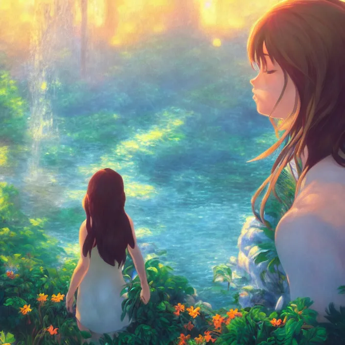 Image similar to an epic makoto shinkai and renoir landscape with a hawaiian waterfall, golden hour, 🌺, a beautiful woman with long brown hair, ultra smooth, octane render, lois van baarle, ilya kuvshinov