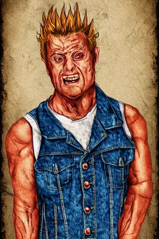 Prompt: portrait of a maniac wearing a denim vest named spike. exaggerated features. digital art. harsh lighting.