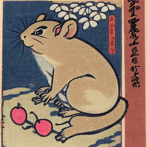 Image similar to japanese edo period woodblock print of a chipmunk eating pizza with pink blossoming cherry trees in the background