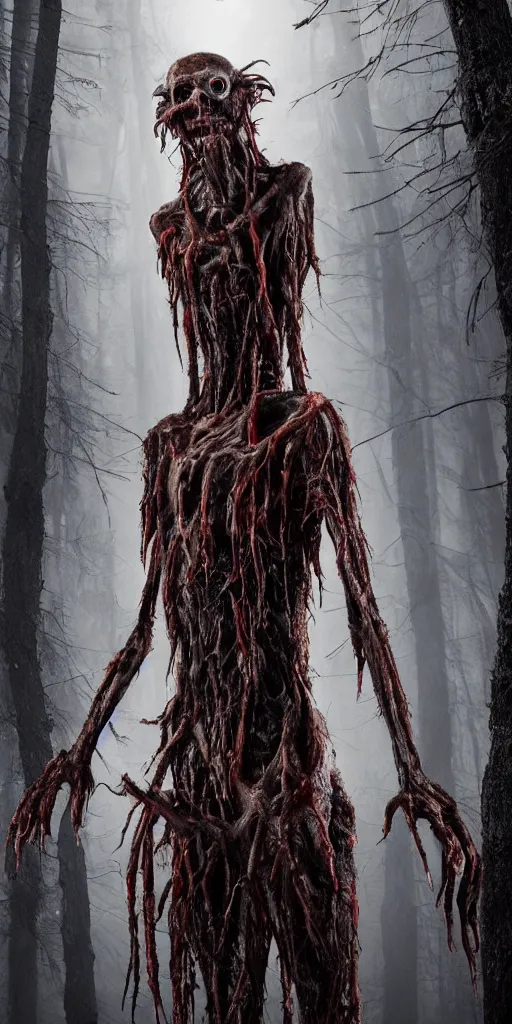 Image similar to photorealistic ultra detailed tall skinny humanoid creature with decomposed skin with fur and blood dripping, the woods, night, extremly detailed, 8 k, realistic, sharp focus, cosmic horror creature, cosmic horror, from the movie the thing, mysterious creature, bloody eyes