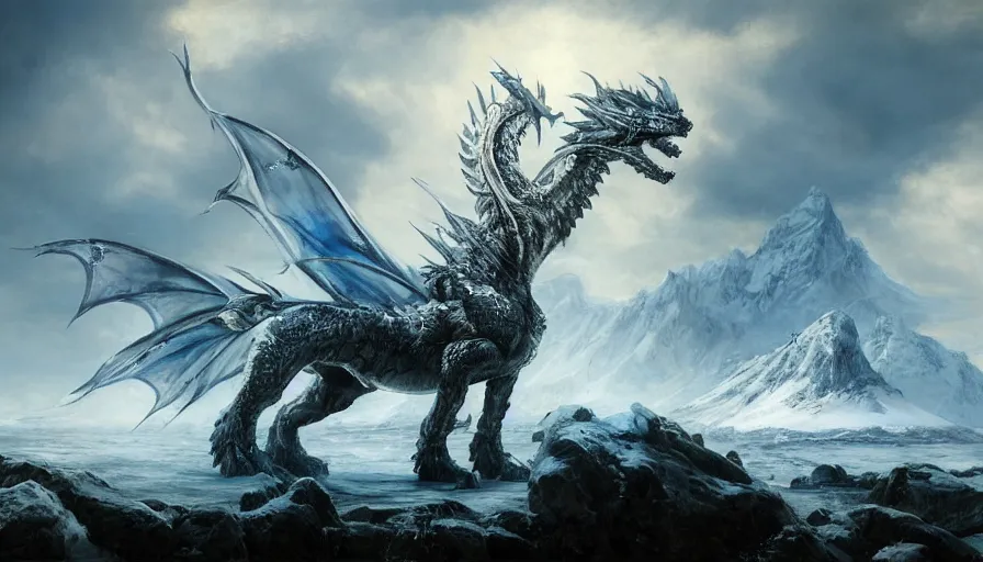 Prompt: epic ice dragon in a nordic landscape under bright daylight with fluffy clouds, set in the words of the Forgotten Realms and Guildwars2, painted by Hans Fredrik Gude, Greg Rutkowksi and Artgerm, concept art 2022, ultra realistic masterpiece, contrasting details vs blank areas, oil on canvas
