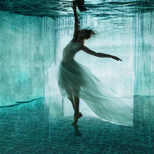 Image similar to woman dancing underwater wearing a dress made of seaweed that is flowing in the current, lighting with caustics from sunlight, cinematic, photorealistic