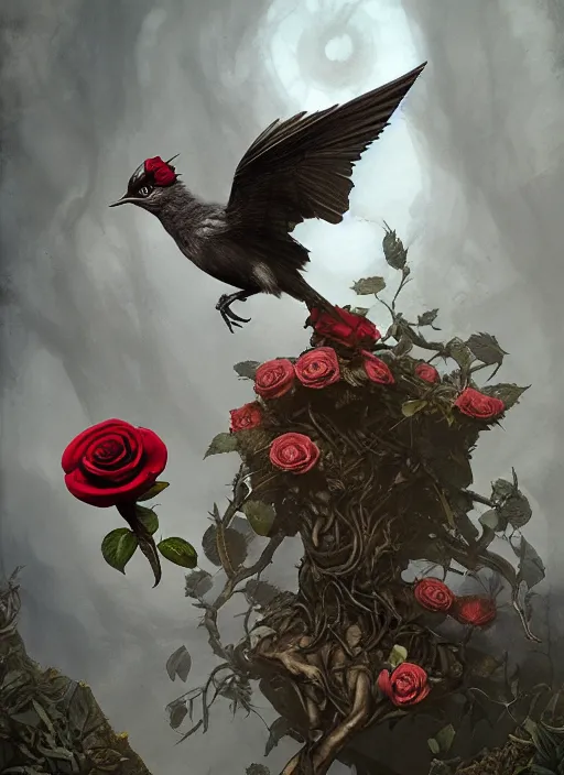 Image similar to the bird has grown its arms and is holding a rose, hyperrealism, no blur, 4 k resolution, ultra detailed, style of tyler edlin, tom bagshaw, arthur rackham, ivan shishkin