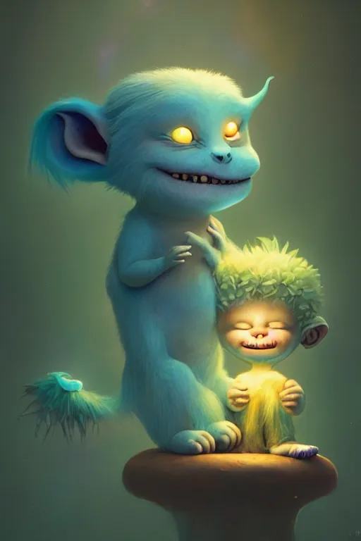 Image similar to a surreal Bioluminescent, very very very cute troll in a happy world by Daniel Merriam, Trending on Artstation, oil on Canvas by Elena Zhurikhina and Goro Fujita and Charlie Bowater, octane render, 4k, 8k, HD