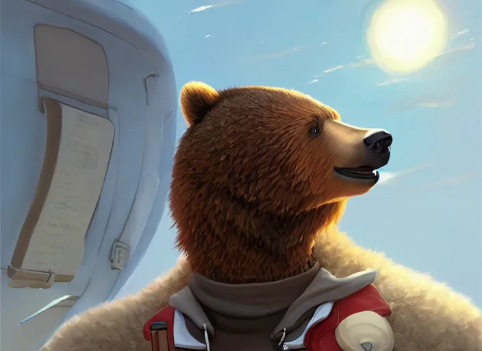 Image similar to character portrait feature of the anthro male anthropomorphic kamchatka brown bear fursona wearing white airline pilot outfit uniform professional pilot for delta airlines character design stylized by charlie bowater, ross tran, artgerm, and makoto shinkai, detailed, soft lighting, rendered in octane