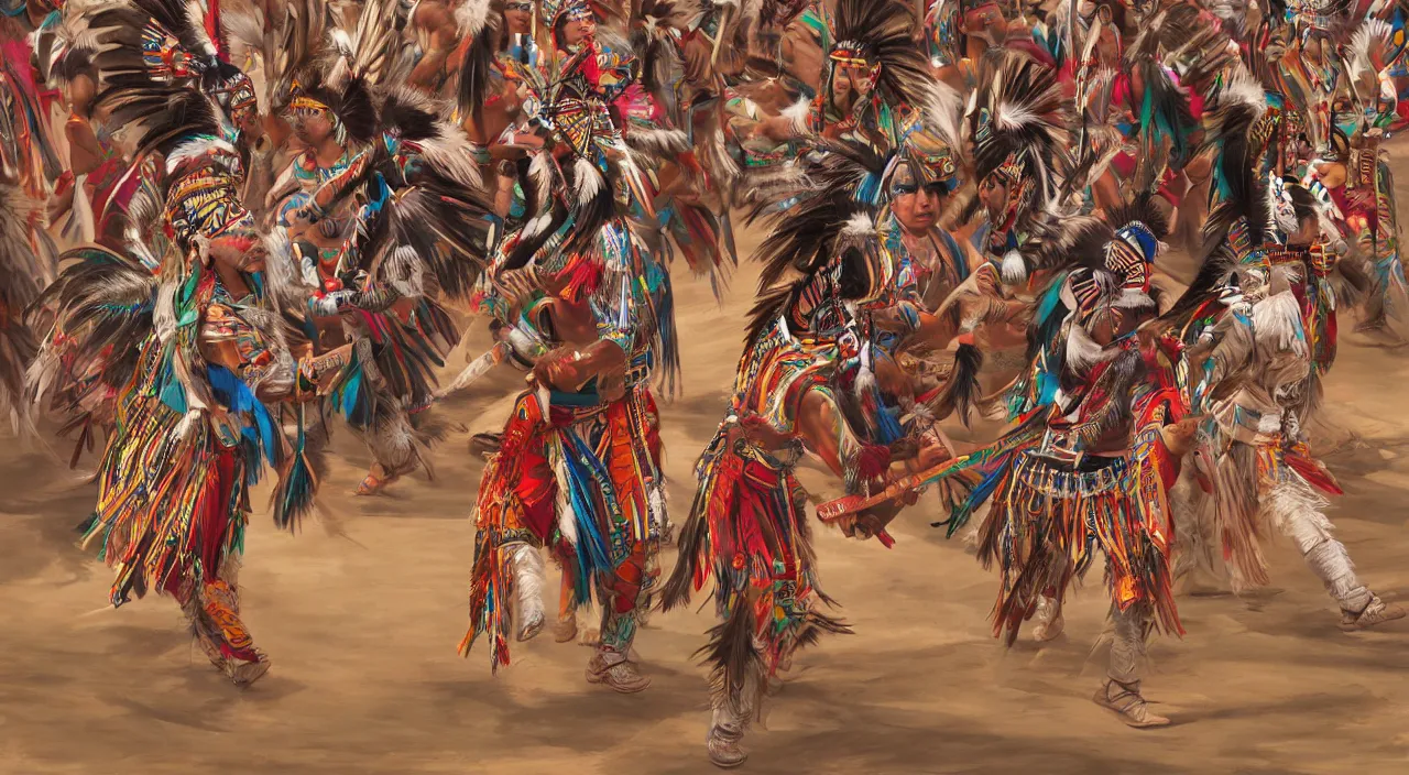 Image similar to danza azteca dancers, dancing, powwow, highly detailed wallpaper, detailed faces, feathers, digital painting, artstation, concept art, smooth, sharp focus ilustration, Artstation HQ