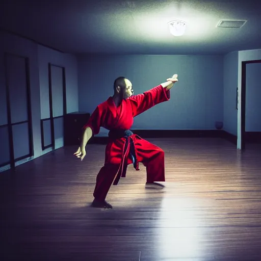 Image similar to a horrifying demon practicing kung fu in a dojo alone at night. Photography, dimly lit, blurry details, eerie