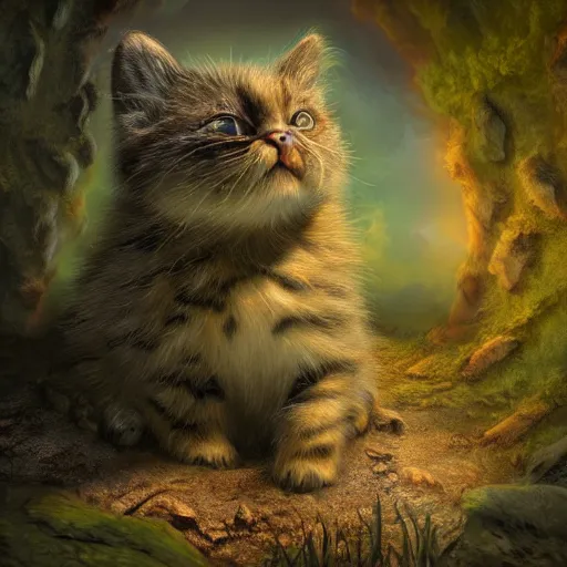 Image similar to rescue from the underworld, highly detailed, by tyler roswell, shadows of the past, chubby moss kitten, digital painting, HDRI, by jeff easley, vivid colors, high contrast, 8k resolution, intricate, photorealistic, smooth