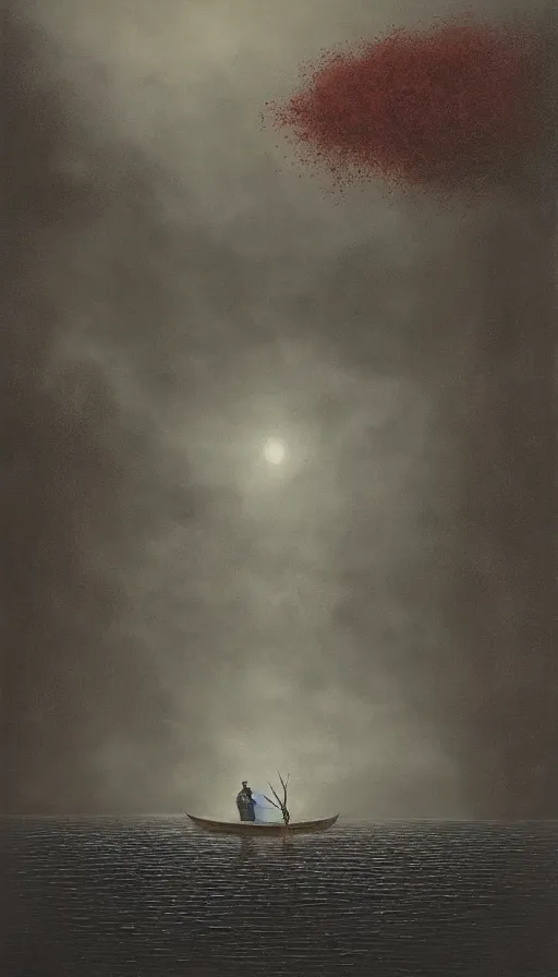 Image similar to man on boat crossing a body of water in hell with creatures in the water, sea of souls, by lee madgwick