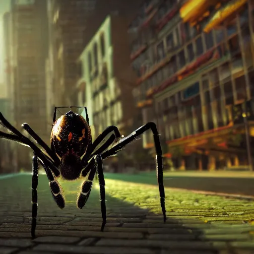 Image similar to a beautiful high - quality photo of a large spider walking through a solarpunk city, roads, pavements, trees, volumetric lighting, hyperrealistic, 8 k