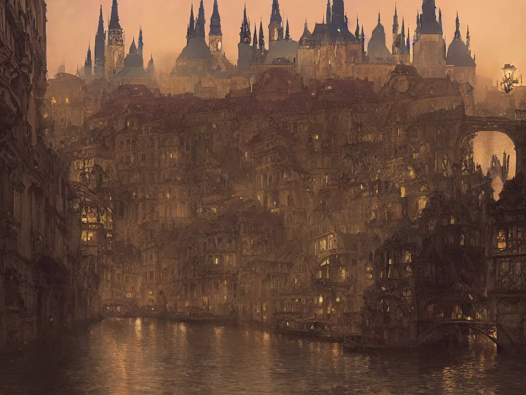 Image similar to a view from the river of a city resembling prague, paris, and venice at dusk, intricate, elegant, highly detailed, digital painting, artstation, concept art, smooth, sharp focus, colored illustration for tattoo, art by krenz cushart and artem demura and alphonse mucha,