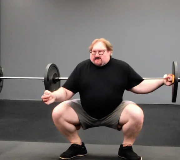 Image similar to gabe newell doing squats, award winning photograph