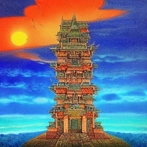 Image similar to “ a very detailed painting in the style of noriyoshi ohrai of an ancient holy tower, it is a glowing fortress and has iridescent mana radiating from it into the aether. it is centered. the background is the sky at dusk. retrofuturistic fantasy ”