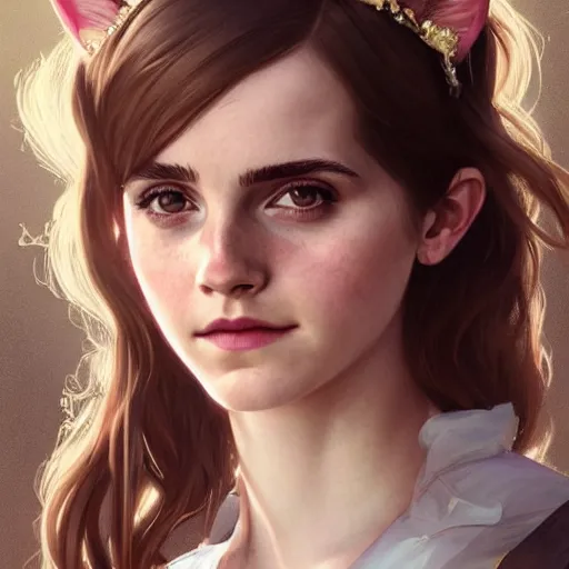 Prompt: a beautiful portrait of emma watson with cat ears, neko girl, fantasy, intricate, elegant, highly detailed, digital painting, artstation, concept art, matte, sharp focus, illustration, art by greg rutkowski and alphonse mucha