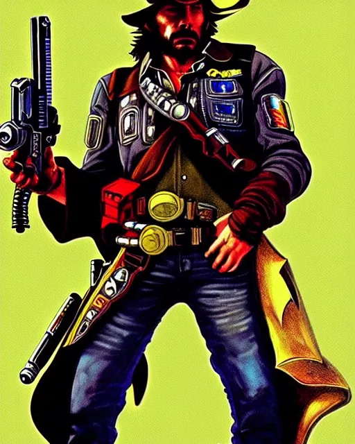 Prompt: mccree from overwatch, cyber space cowboy, character portrait, portrait, close up, concept art, intricate details, highly detailed, vintage sci - fi poster, retro future, vintage sci - fi art, in the style of chris foss, rodger dean, moebius, michael whelan, and gustave dore