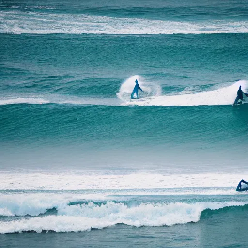 Prompt: two surfers are riding waves in the ocean, a tilt shift photo by thornton oakley, trending on flickr, figuration libre, chillwave, shot on 7 0 mm, national geographic photo