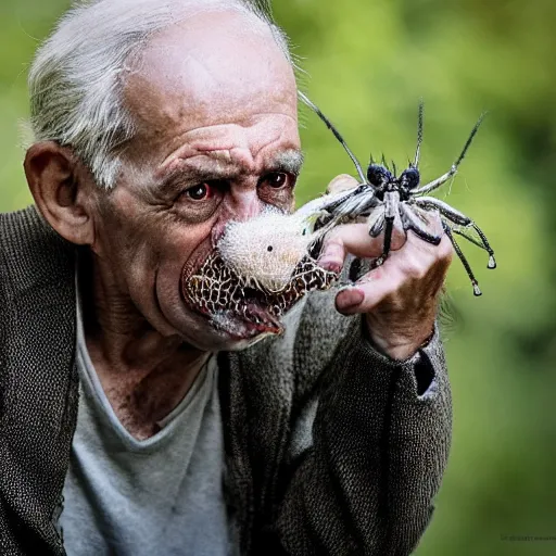 Image similar to National Geographic photo of angry old man with spiders in his mouth