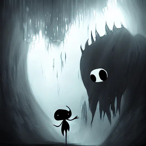 Image similar to love at the bottom of the abyss, athmospheric 4k, foggy atmosphere, scary picture, hollow knight, dark shadows, artstation, deviantart, beautiful digital painting