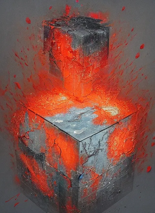 Image similar to a smooth grey cube being devoured by extremely detailed splatters of abstract paint, engulfed in flames in the style of james jean, pascal blanche, surreal, beksinski, high detailed