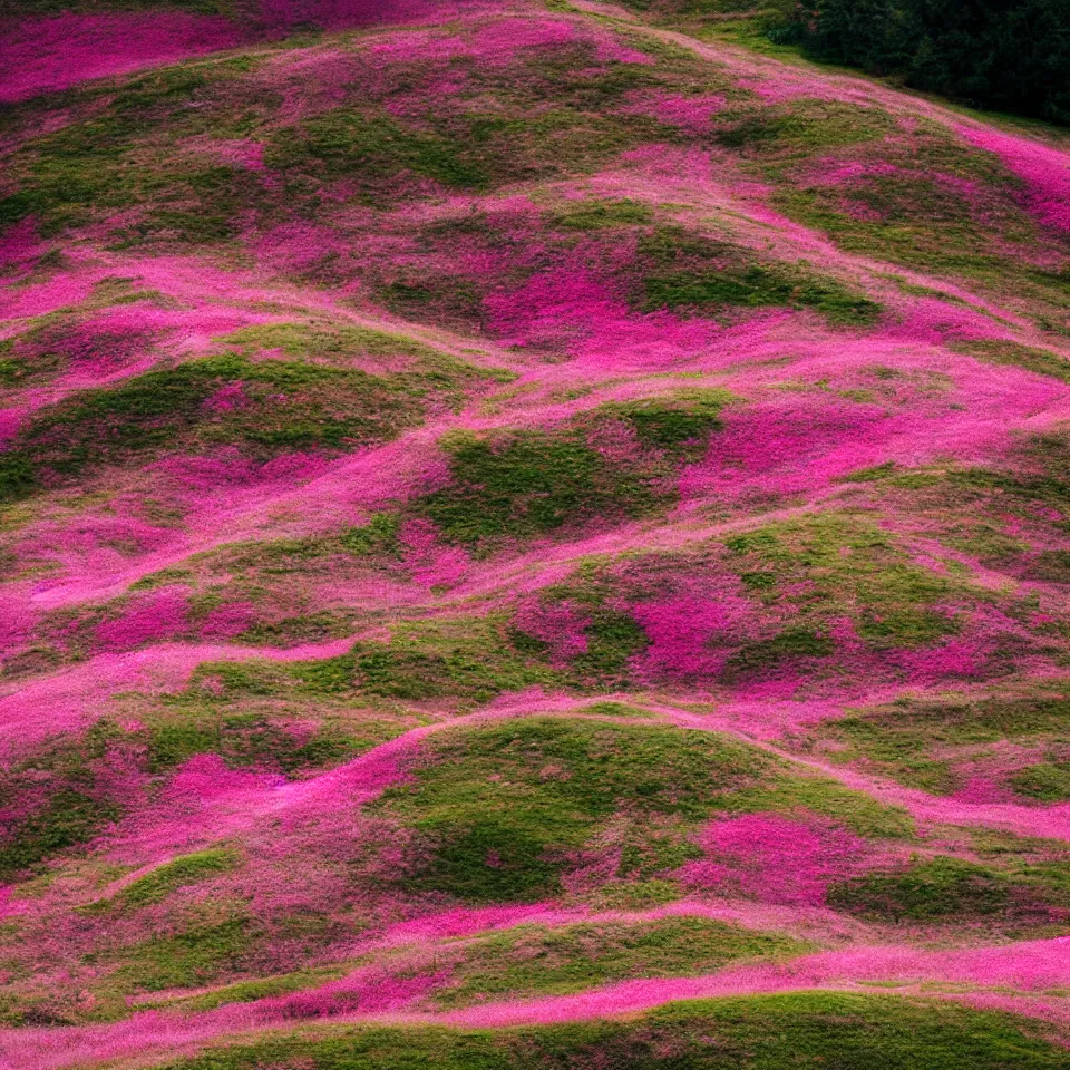 Prompt: Photograph of a hill covered with pink grass, sunny weather