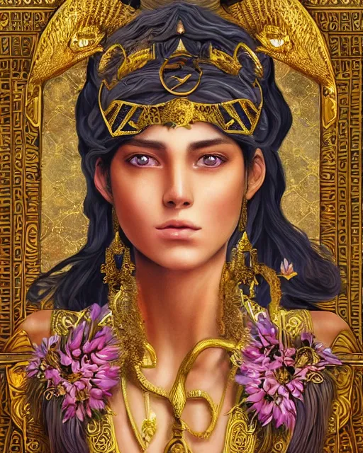 Image similar to Athena as a mesopotamian goddess of fertility, very detailed eyes, realistic eyes, , extremely beautiful, marvelous eyes, dawn, halo, flowers and plants, gold, intricated design, very detailed and rich clothing ,vivid color.digital 2D, painterly style, cinematic matte Illustration,trending on pixiv and artstation.Fantastic depth-of-field effect in Bacnground.Fine particles fluttering in the air. anime wallpaper，Sunlight on the face.by Wlop,Mika Pikazo，米山舞，Yoneyama Mai，Makoto Shinkai, VOFAN