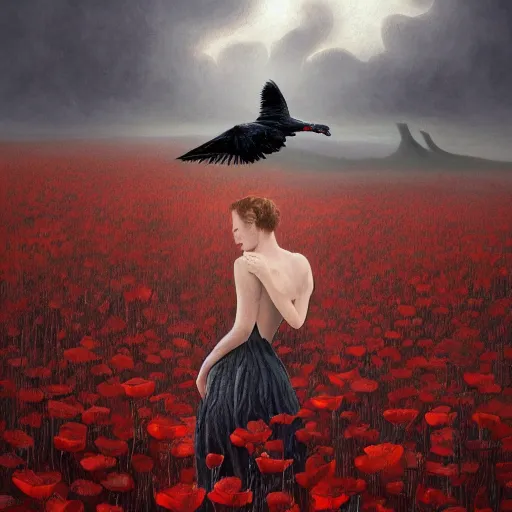 Prompt: a 3d matte painting of a feathered raven in a field of poppies by gerald brom, ellen jewett and aly fell, beautiful detail, dark academia, maroon highlights, gothic, neo-gothic, octane render, trending on artstation