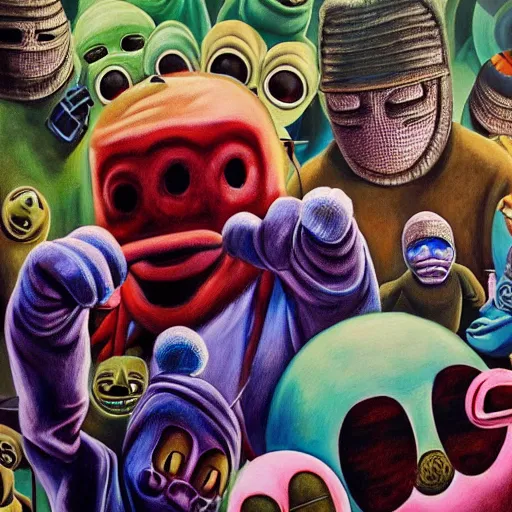 Image similar to beautiful lifelike painting of mf doom performing with slipknot and the teletubbies, hyperreal detailed facial features and uv lighting, art by ed roth and basil wolverton