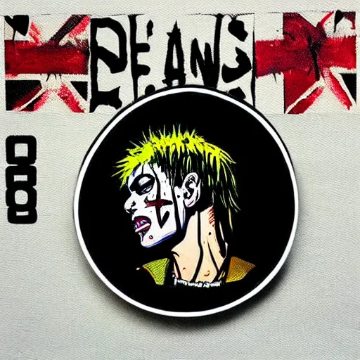 Image similar to painting on a badge, punks not dead!, exploited!!, clash, junk yard, rats!!, god save the queen, punk rock album cover art style, grunge, no future