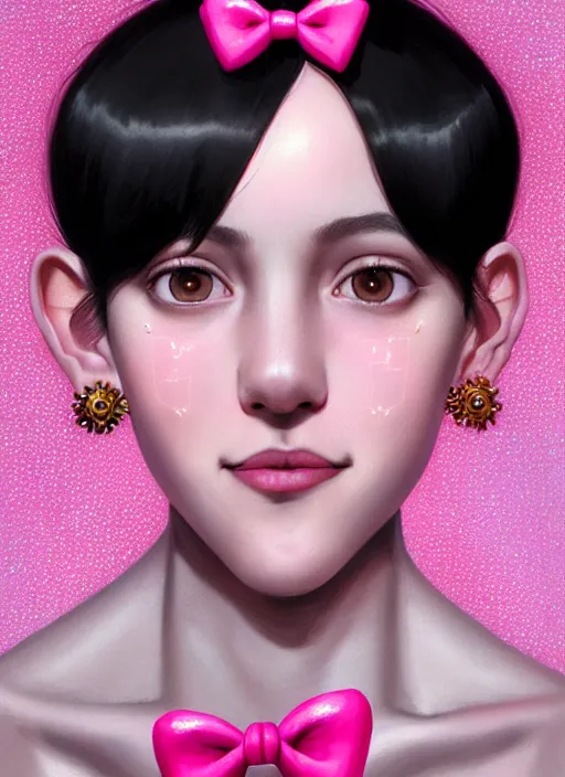 Image similar to portrait of high school girl, realistic, black hair, bangs, half updo hairstyle, pointy nose, skinny, smile, ugly, defined jawline, big chin, pink hair bow, earrings, intricate, elegant, glowing lights, highly detailed, digital painting, artstation, sharp focus, illustration, art by wlop, mars ravelo and greg rutkowski