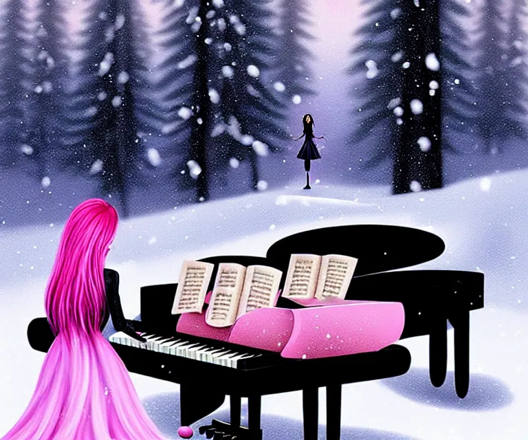 Image similar to a beautiful face gothic girl, pink hair in a stunning black dress playing a piano in the dark snowy forest by zatzka, hans, matte painting, illustration