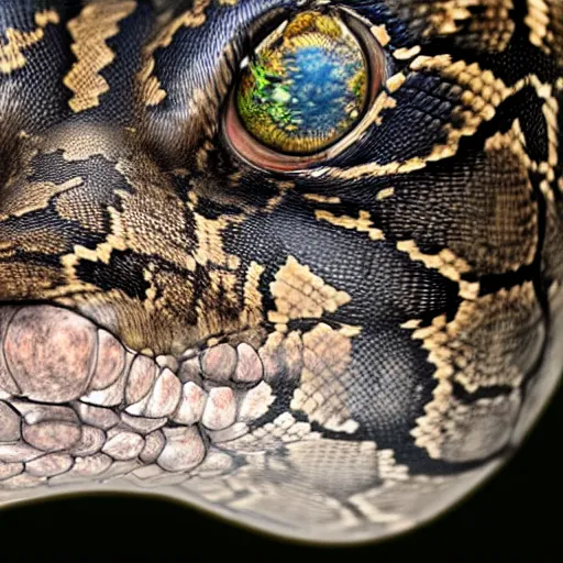 Prompt: photorealistic snake with a cat face. hyperdetailed photorealism, 1 0 8 megapixels, amazing depth, high resolution, 3 d shading, 3 d finalrender, 3 d cinematic lighting, glowing rich colors, psychedelic overtones, artstation concept art.