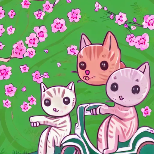 Prompt: a cute artwork of two chibi cats riding scooters through a forest of cheery blossom trees, procreate