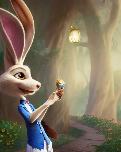 Prompt: portrait of a smiling white rabbit from alice in wonderland, zootopia movie style, looking at his pocket watch, digital art, 4k, award winning