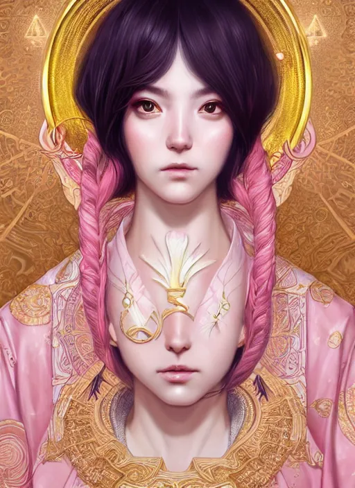 Image similar to dreamlike luxury stunning zodiac aquarius god portrait, pale pink and gold kimono, art by artgerm, wlop, loish, ilya kuvshinov, 8 k realistic, hyperdetailed, beautiful lighting, detailed background, depth of field, symmetrical face, frostbite 3 engine, cryengine,