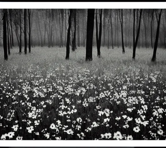 Image similar to black box on the field flowers, by Andrei Tarkovsky, mist, forest, lomography photo effect, monochrome, 35 mm