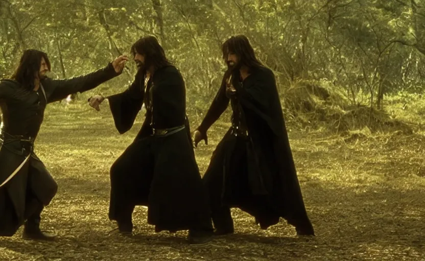 Image similar to epic fight between Neo and Aragorn, movie screenshot, very high quality, Bdrip, 8k