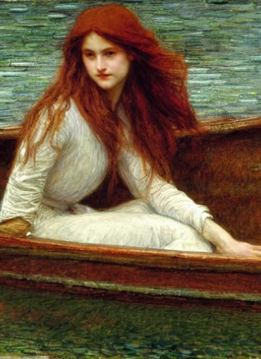 Prompt: lady of shallot in a boat by john william waterhouse, rosetti, monet, william holman hunt, 8 k