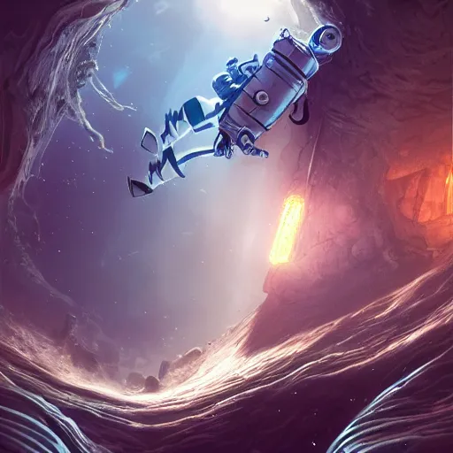 Image similar to an epic portrait of an astronaut entering the magical rabbit hole of wonderland, cinematic lighting, trending on Artstation, highly detailed, insane details