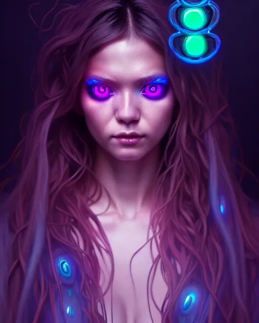 Image similar to one singular portrait of a cute bioluminescent druid with glowing eyes, highly detailed, digital painting, cinematic, hyper realism, dark retrowave, art by stanley lau and artgerm and magali villeneuve and alphonse mucha, artstation, octane render, cgsociety