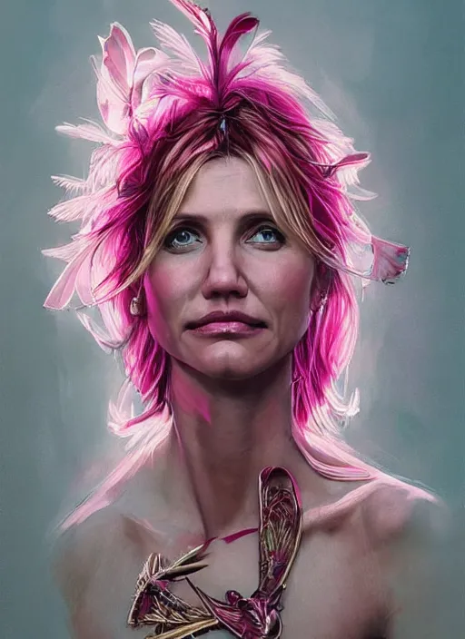 Image similar to serious looking Cameron Diaz as a ruggedly handsome heroine wearing pink feathers and wielding a glowing bow, intricate, elegant, tasteful, highly detailed, centered, digital painting, artstation, concept art, smooth, sharp focus, illustration, art by artgerm and donato giancola and Joseph Christian Leyendecker, WLOP